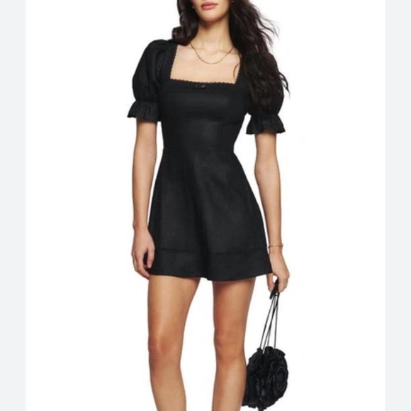 Reformation Evianna Black Linen Puff Sleeve Mini Dress 2 - Picture 8 of 11